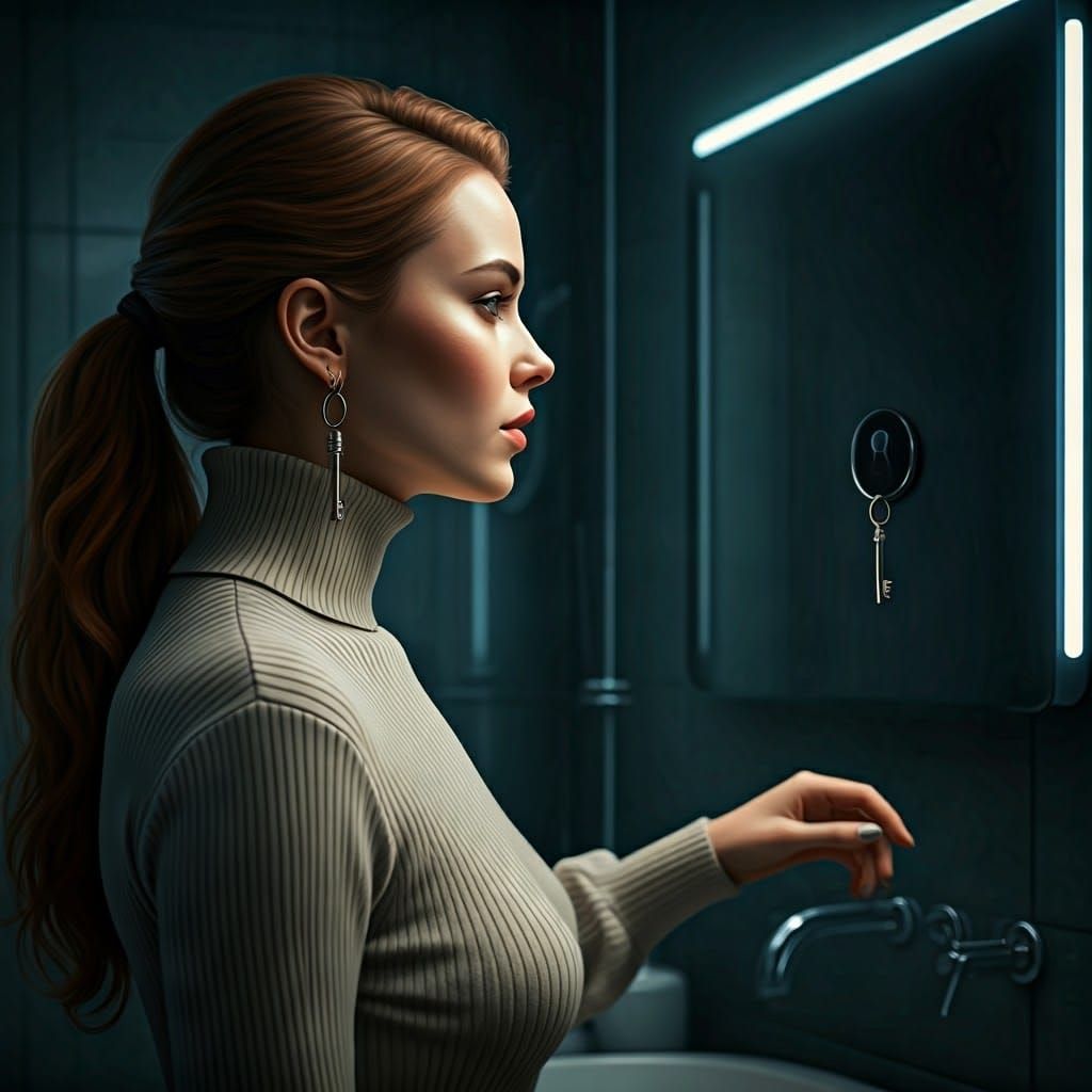 Elegant Woman Contemplates Futuristic Keyhole in Sleek Bathr...