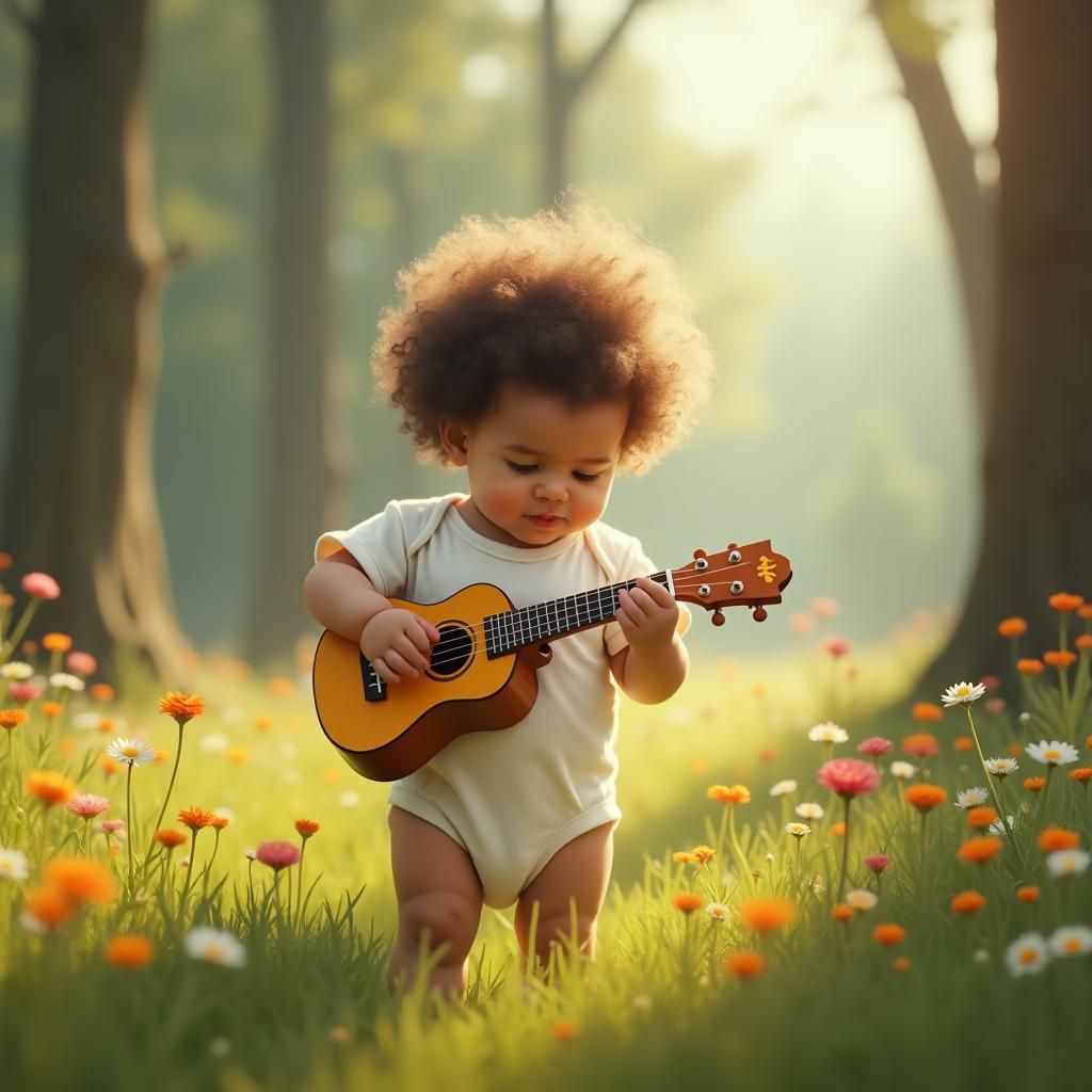 Toddler's Musical Discovery in Dreamlike Meadow