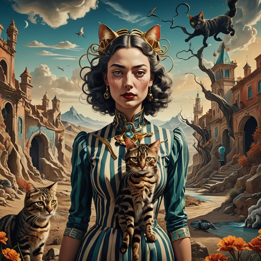 Surreal Cat-Woman in Dream Landscape, Dali Style