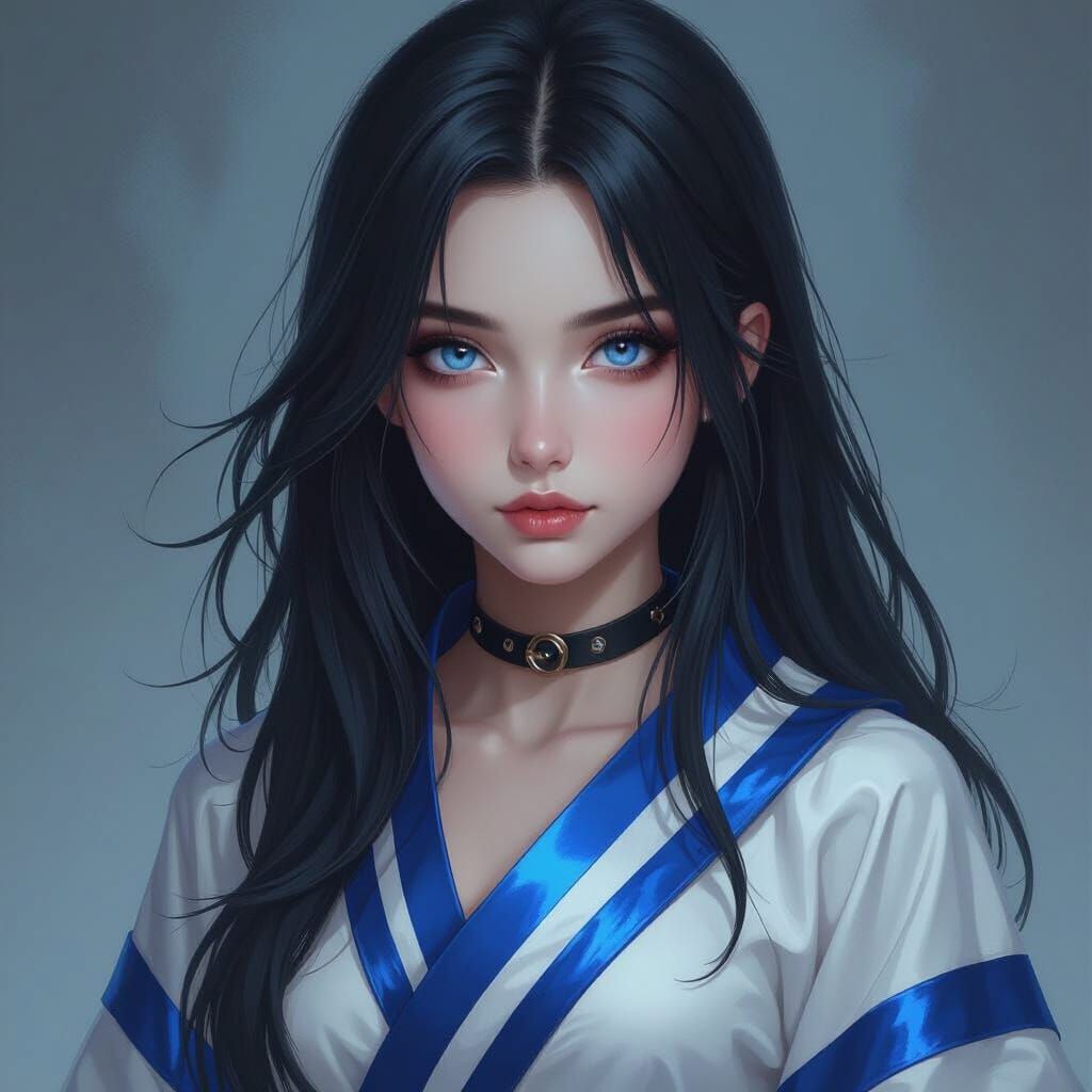 Teen Ninja Girl with Blue Eyes and Black Hair in Metallic St...