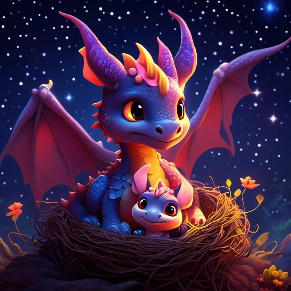 Adorable Baby Dragon in Nest Under Starry Night
