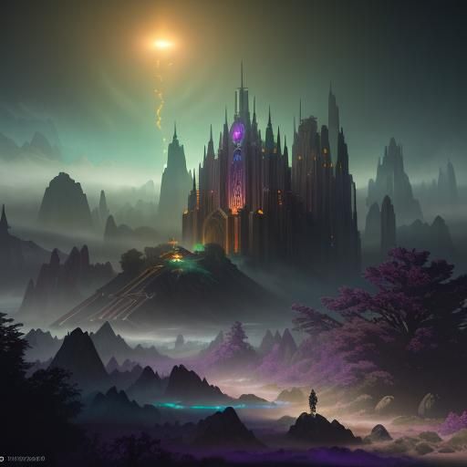 Ethereal Cyberpunk Basilica with Gems and Planets