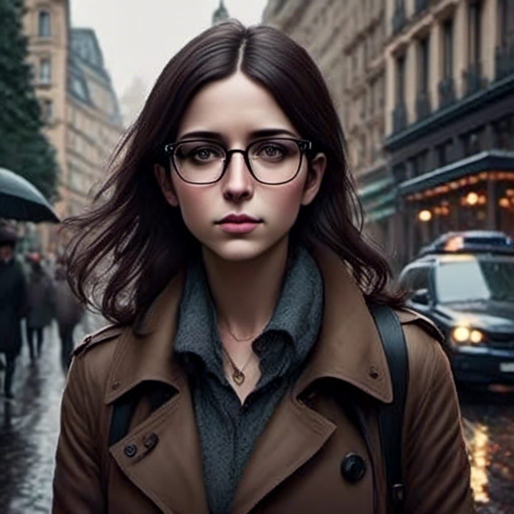 Hyperrealistic Portrait of Woman with Glasses in Rainy City