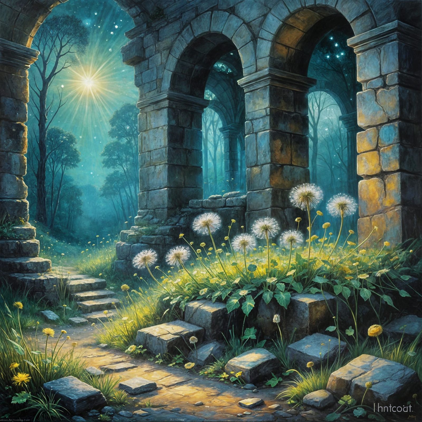 Surreal Dandelions Bloom in Ancient Ruins Under Ethereal Nig...