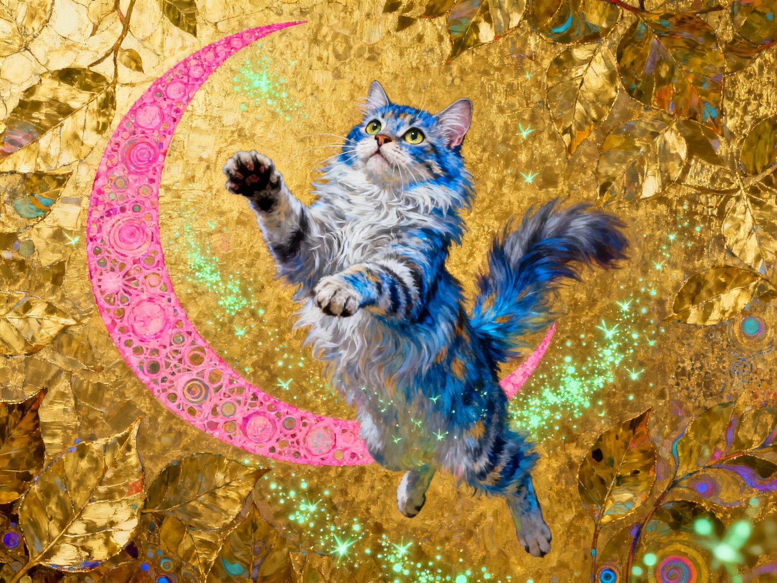 Blue Calico Cat Leaping Amidst Gold Leaf and Fractals
