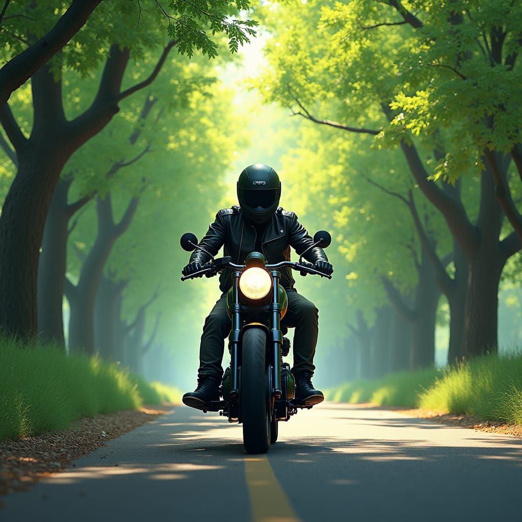 Motorcyclist in Forest Tunnel: Fantasy Concept Art