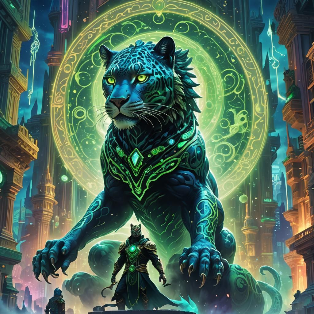 Neon Cityscape with Leopard God in Cosmic Concept Art