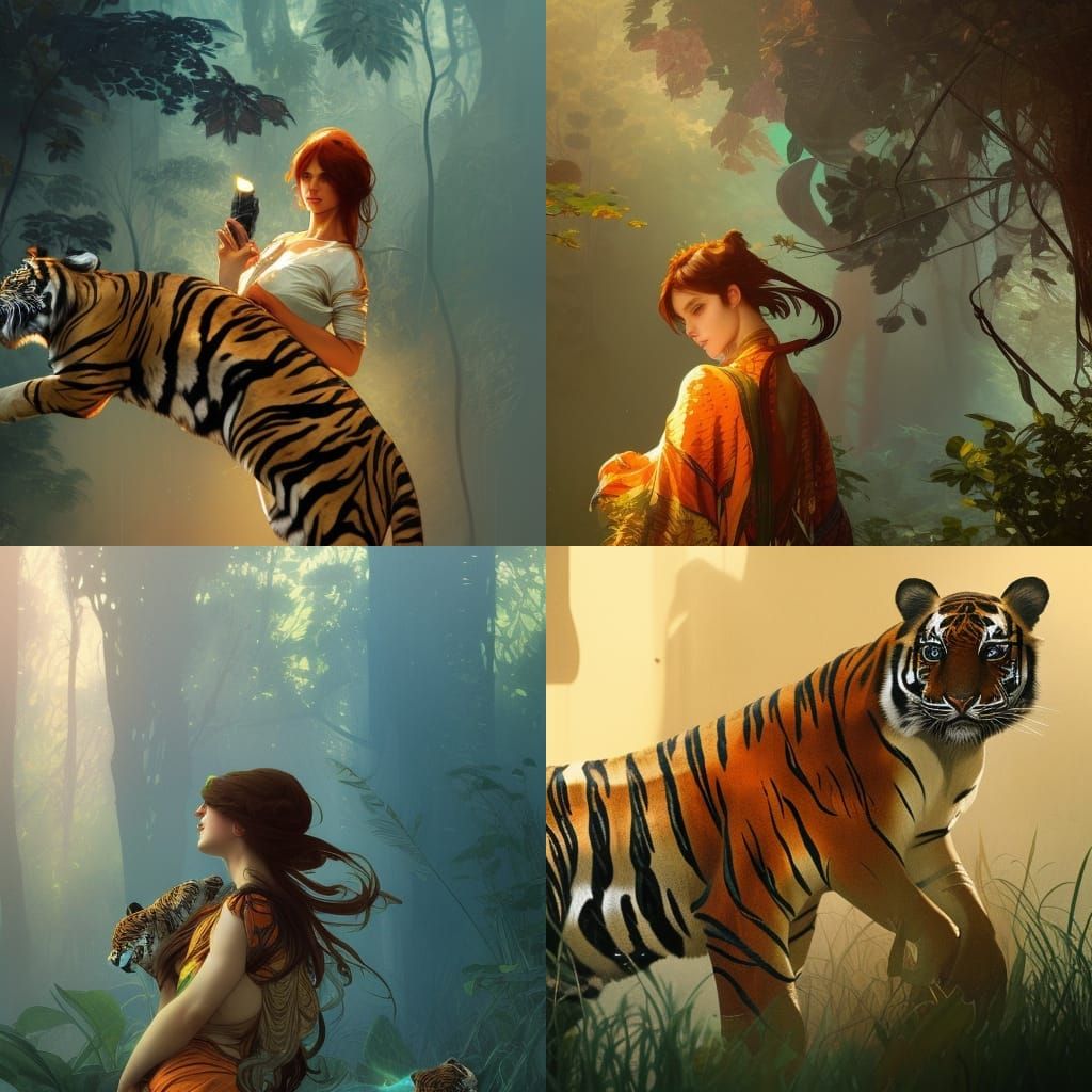 Girl with Tigers: Hyperdetailed Art Nouveau Digital Painting