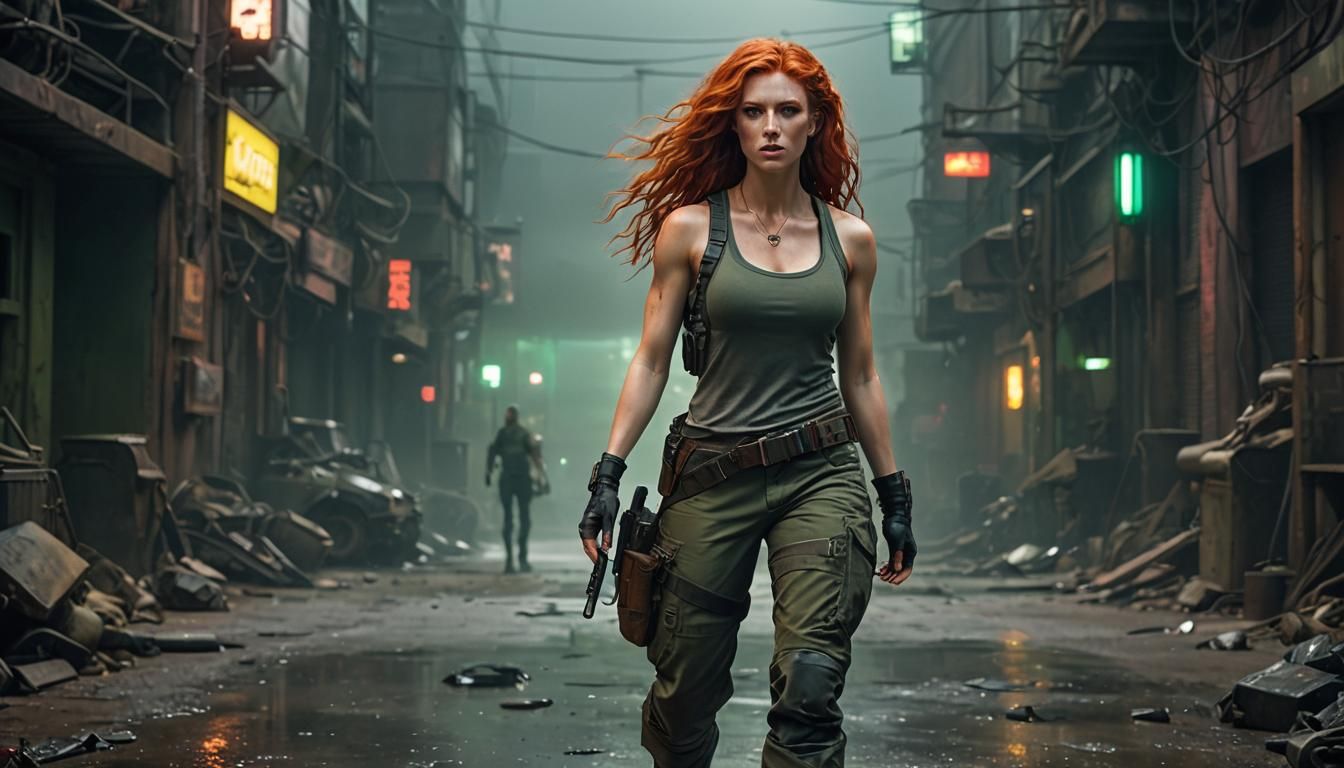 Dystopian Woman with Neon Lights in Blade Runner Style