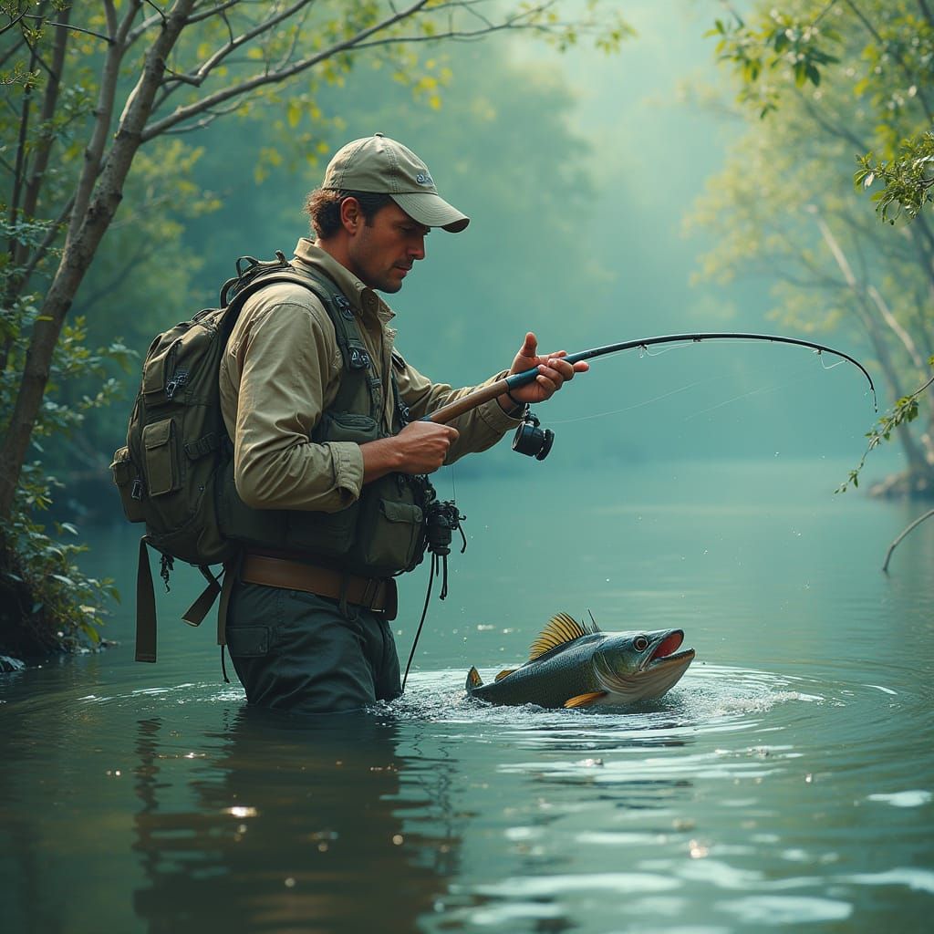 Fisherman in Camouflage Fishing for Trout