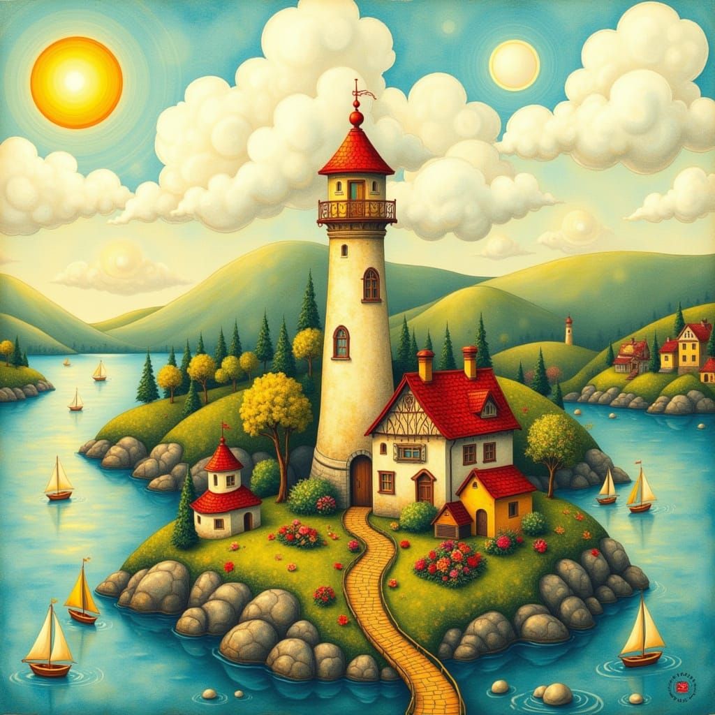 Dreamlike Watercolor Lighthouse Scene