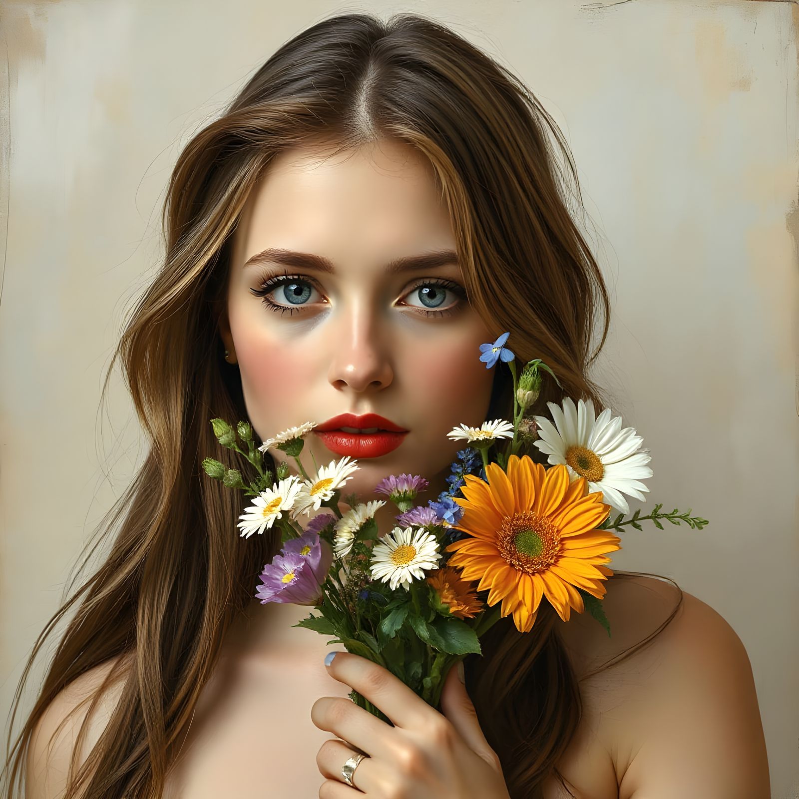 Woman with Wildflowers in Pre-Raphaelite Style