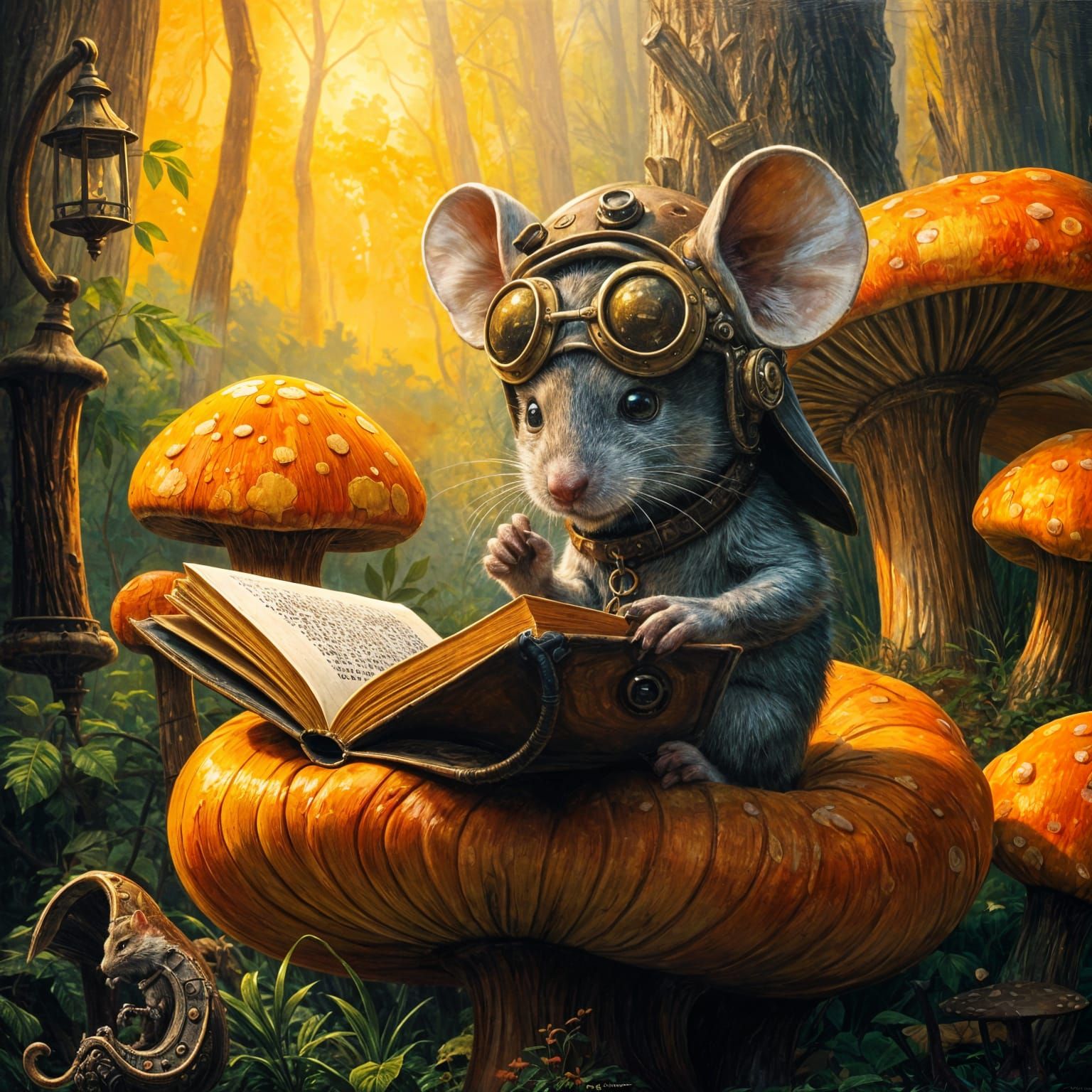 Steampunk Mouse Reads in Mushroom Forest, Oil Painting