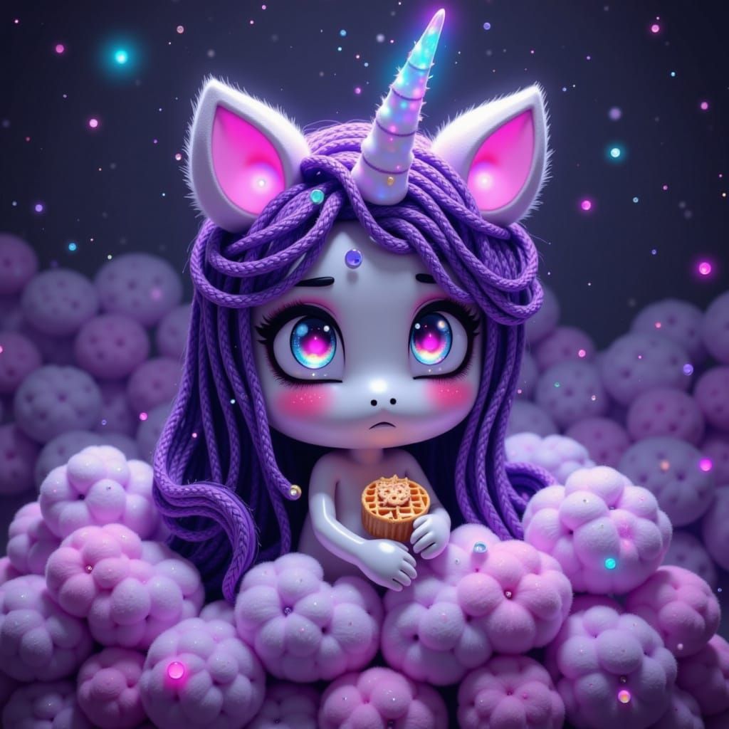 Chibi Unicorn with Iridescent Eyes in Dreamlike Setting