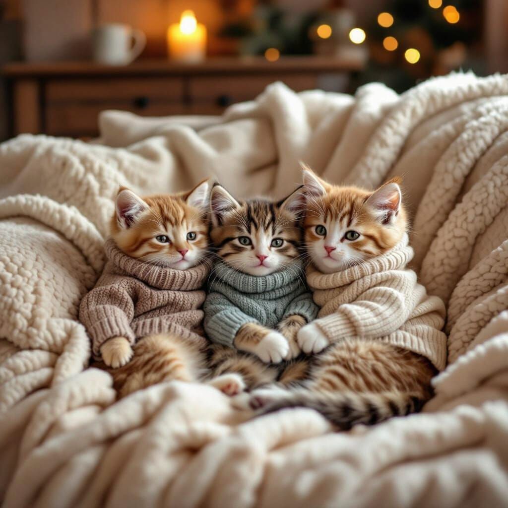 Playful Kittens Snuggled on a Cozy Couch