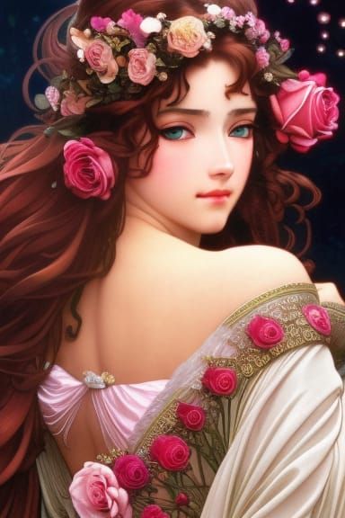 Gorgeous Rose Goddess with Scarlet Hair, Art Nouveau