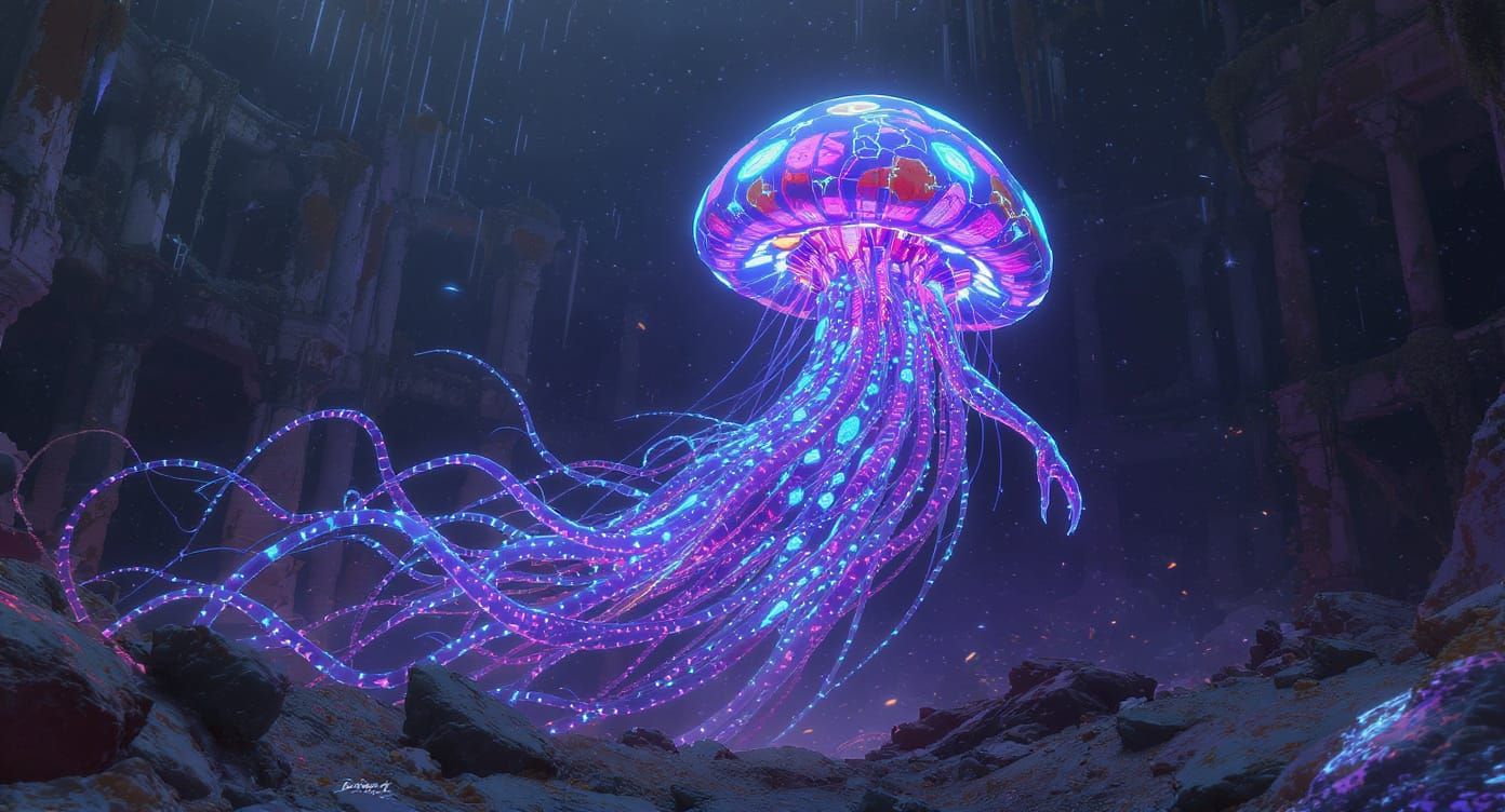 Bioluminescent Jellyfish Goddess in Sunken City Ruins
