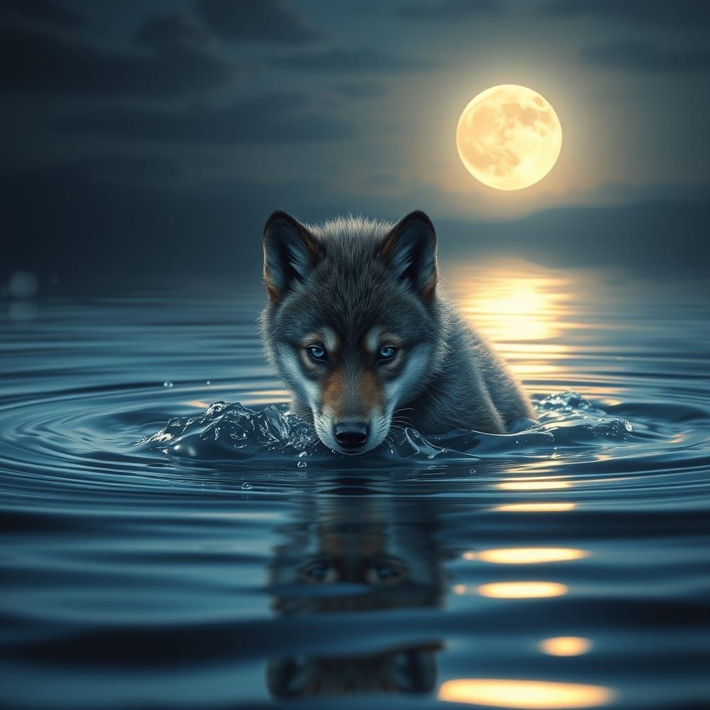 Moonlit Wolf Pup in Water's Gentle Hush