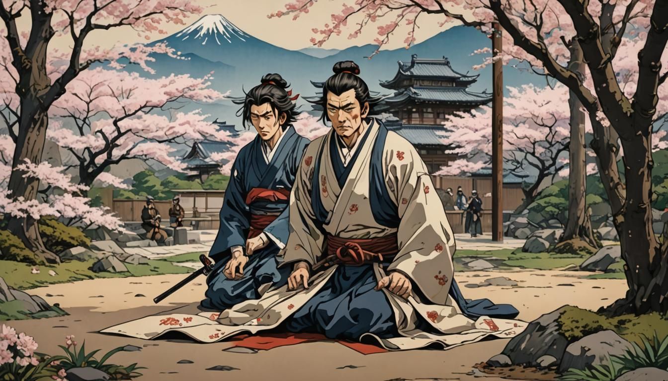 Samurai commiting seppuku in sakura garden in medieval Edo