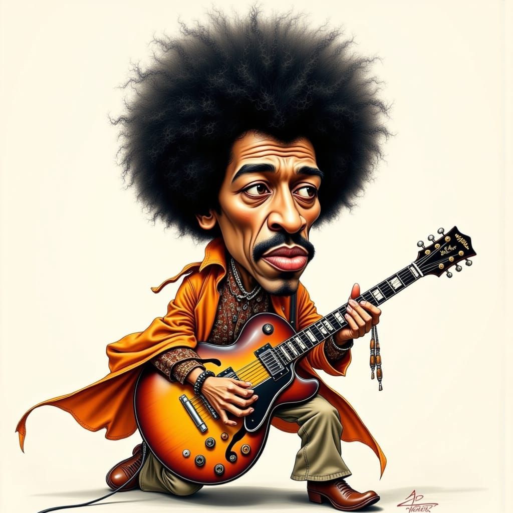 Jimi Hendrix Caricature with Electric Guitar
