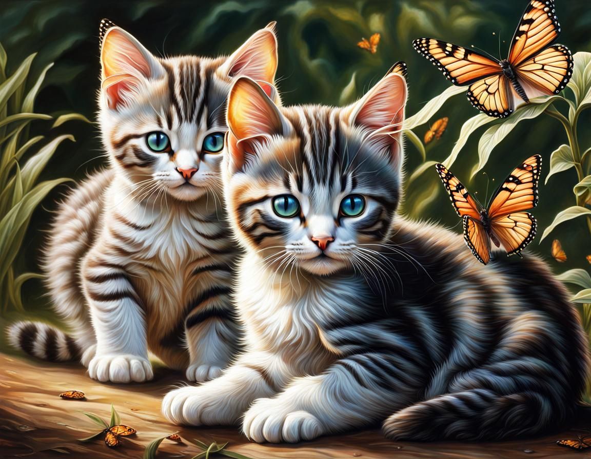 Hyperrealistic Kittens Play in Backyard with Butterflies