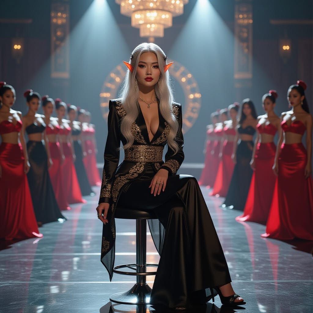 Mystical Asian Elf at Bar in Dramatic Low-Key Lighting