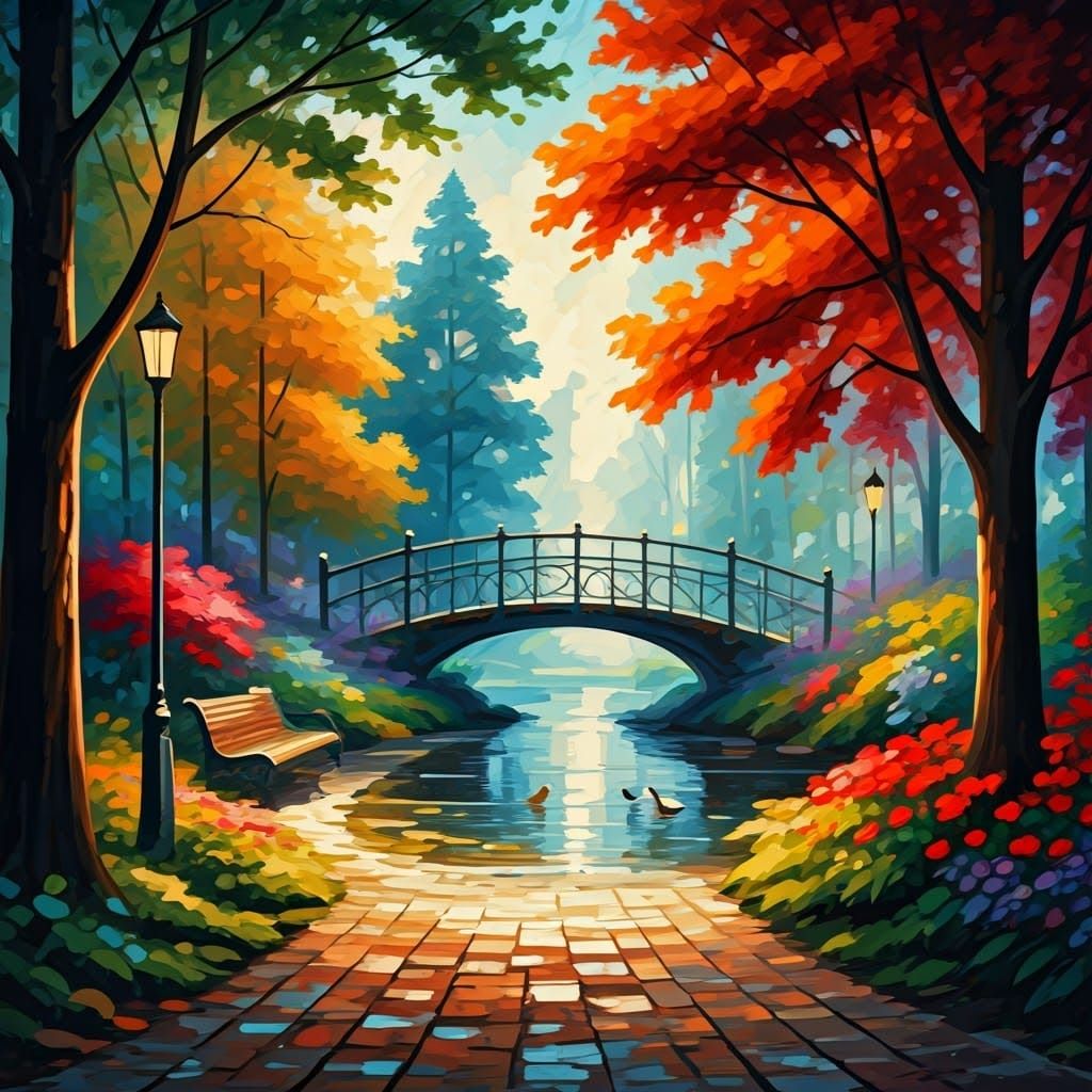 Vibrant City Park Scene in Afremov Style