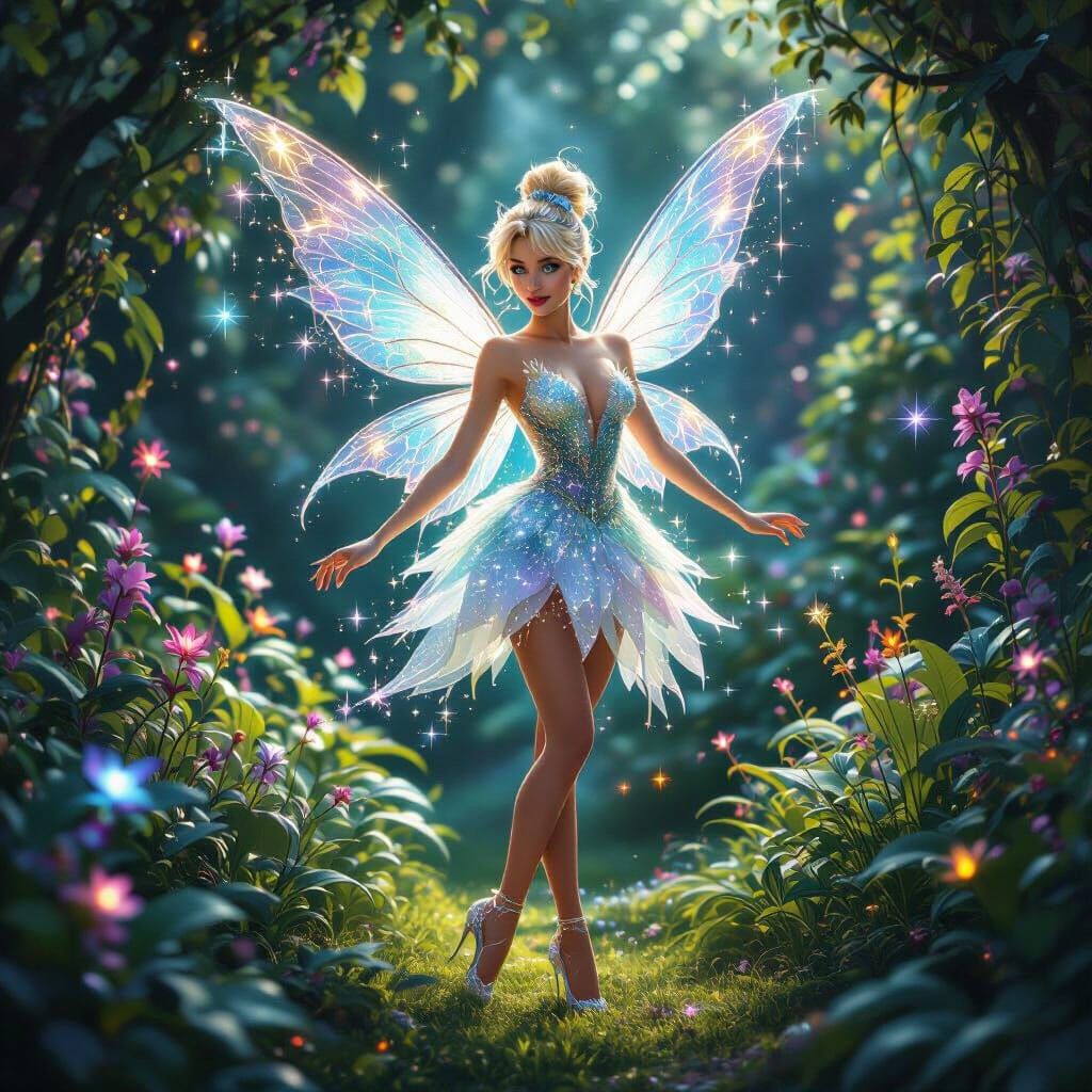 Celestial Tinkerbell in Bioluminescent Garden: Art Nouveau D...