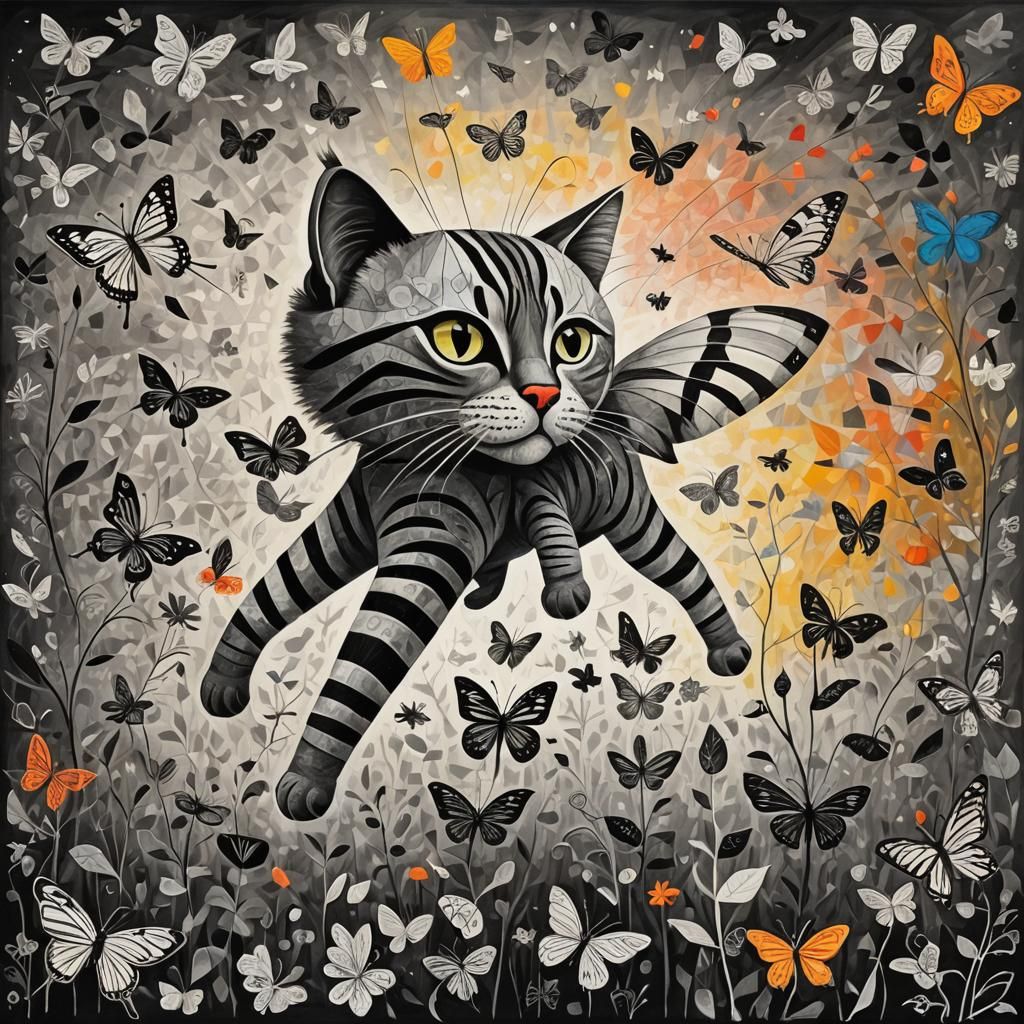 Zebra striped cat in a Million butterfly dreamscape, making wishes , Salvador Dali collaboration Paul Klee , Picasso's...