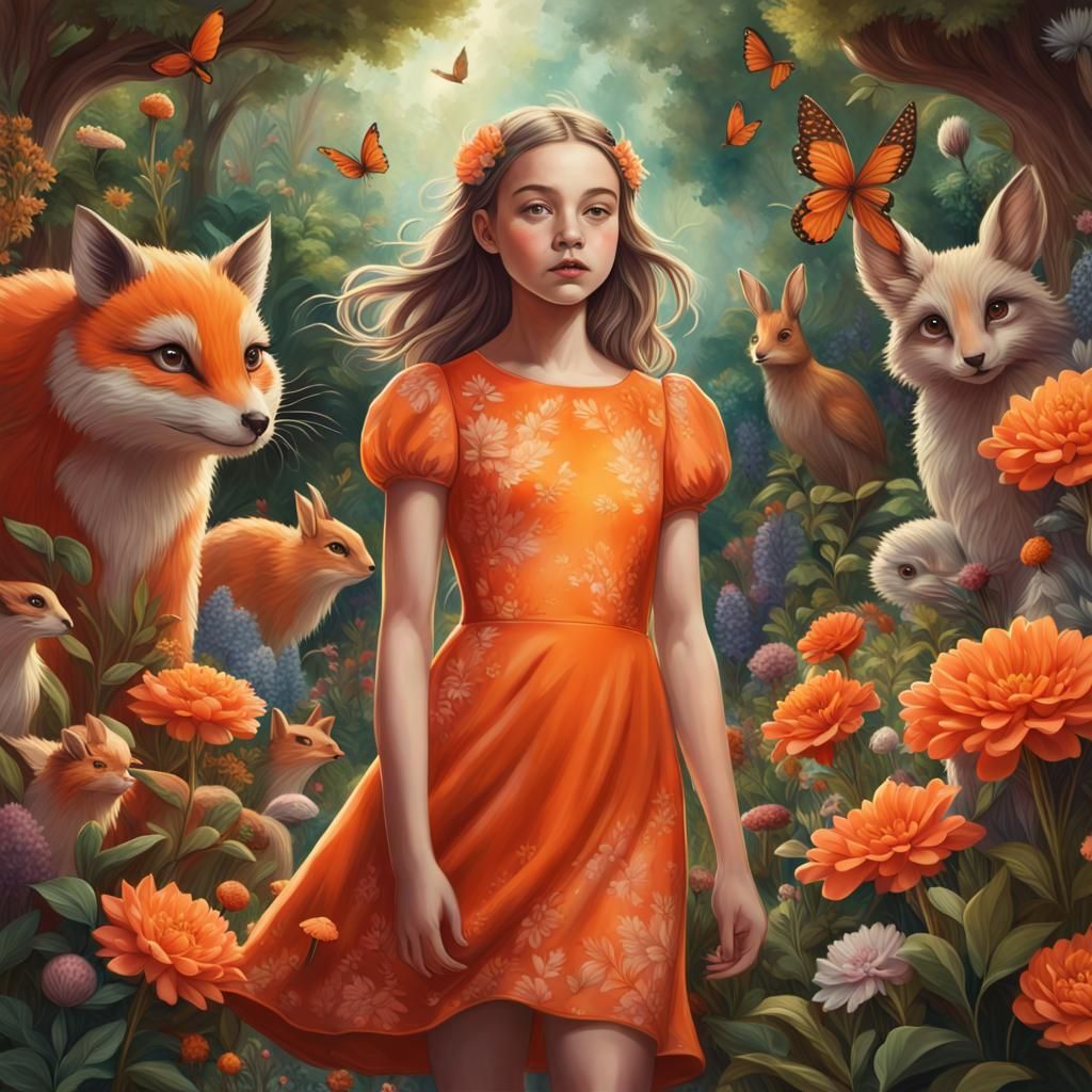 Whimsical Garden Scene with Girl in Orange Dress