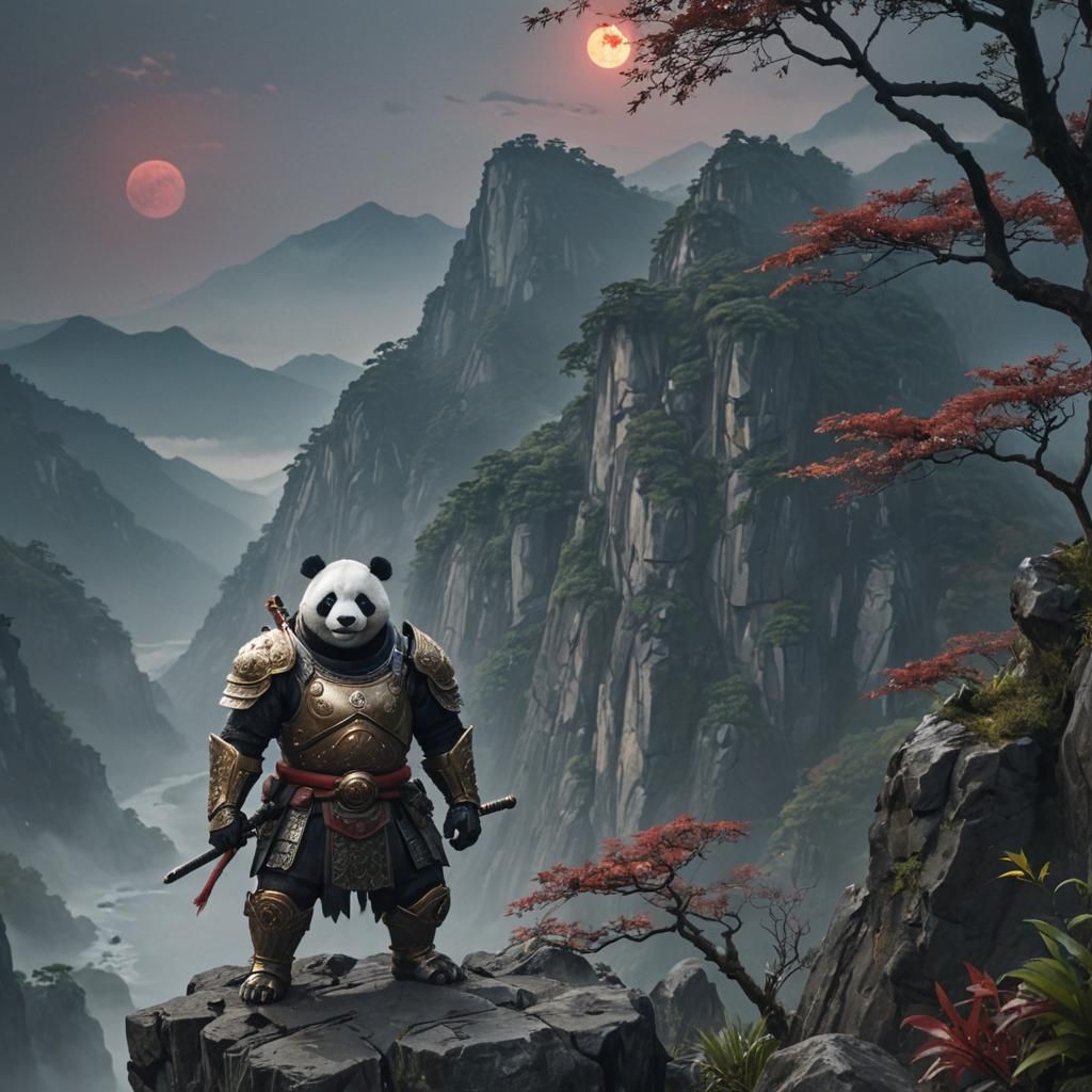 Panda King Overlooks Misty Mountains in Hyperrealism