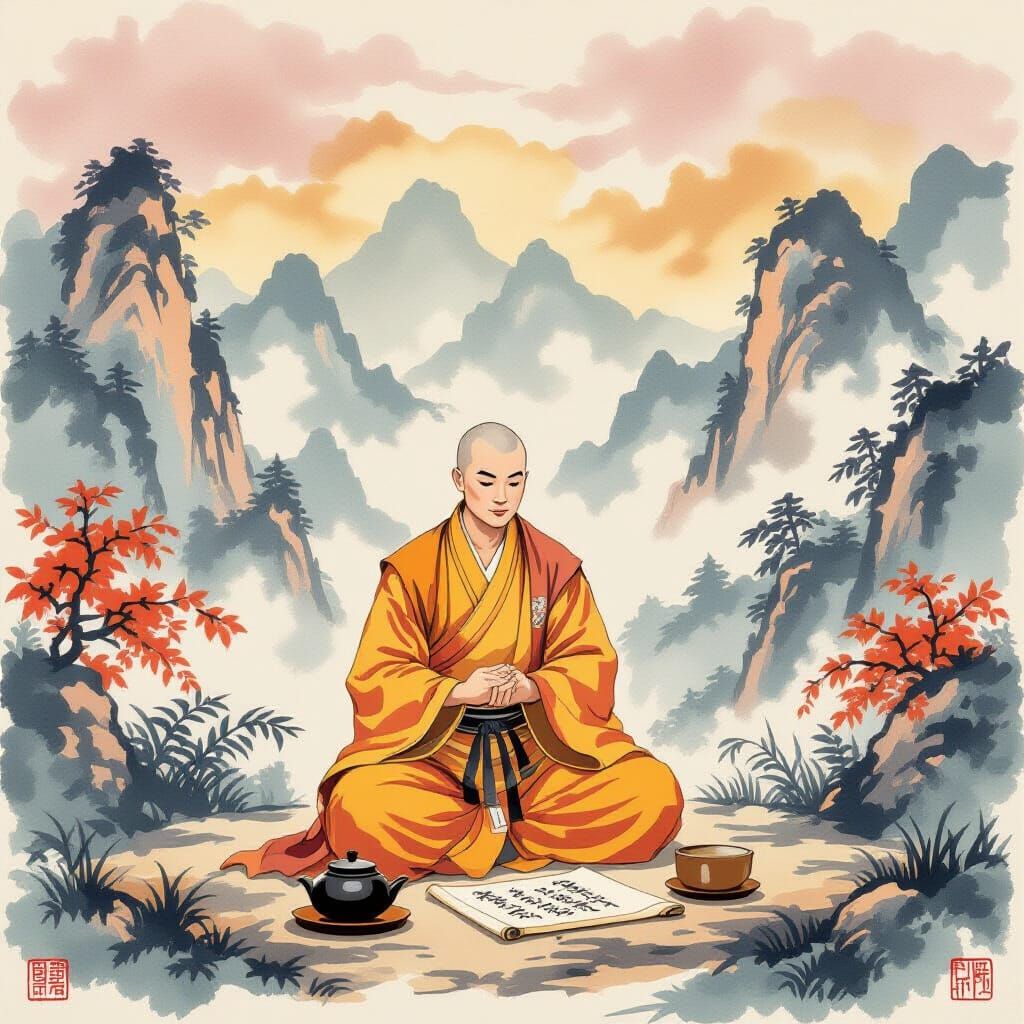 Shaolin Monk Training in Pastel Landscape