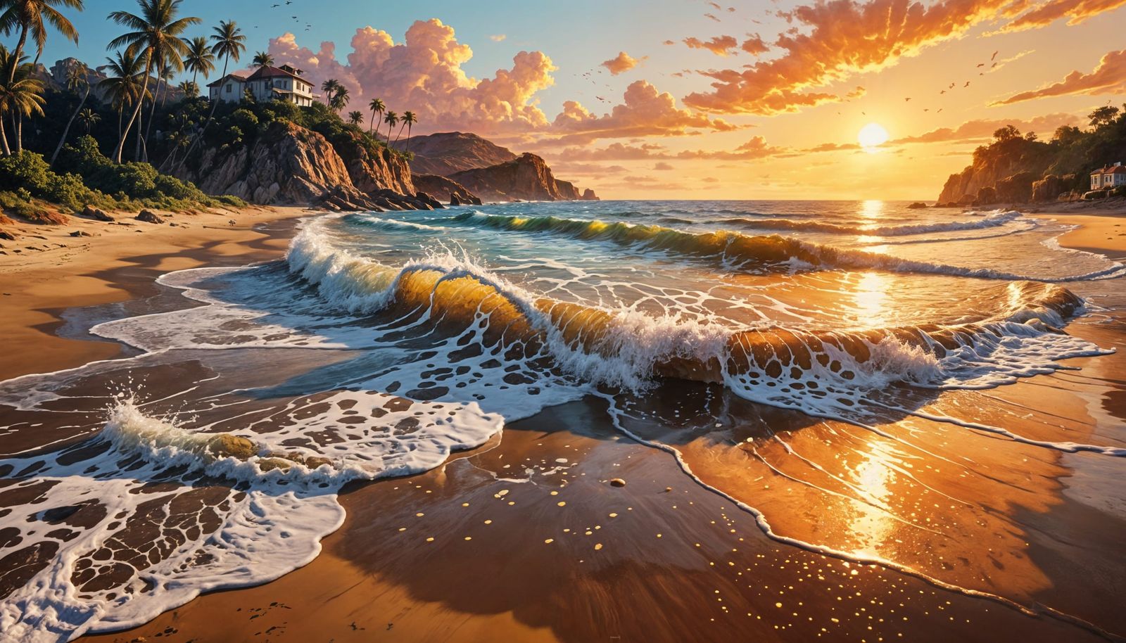 Colorful Sunset Beach Gouache Painting