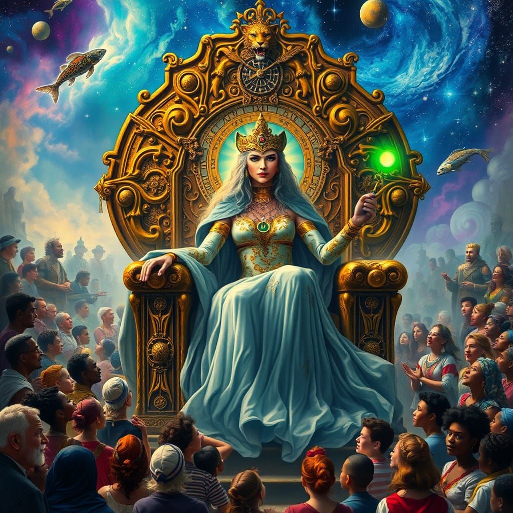 Leopard Queen on Throne of Time, Dreamlike Scene