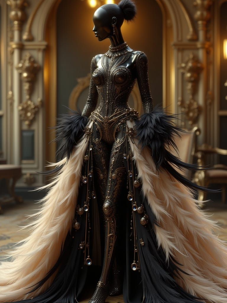 Futuristic Vinyl Gown on Mannequin in Art Nouveau Punk Style