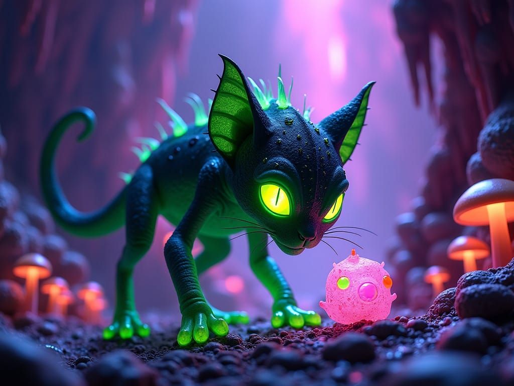 Glowing Alien Cat Stalks Luminous Prey in Hypnotic Cave