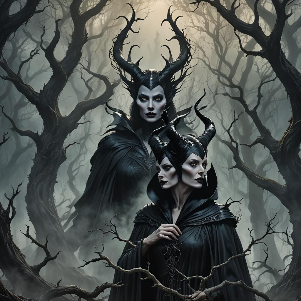 Maleficent in Misty Forest: Dark Fantasy Illustration