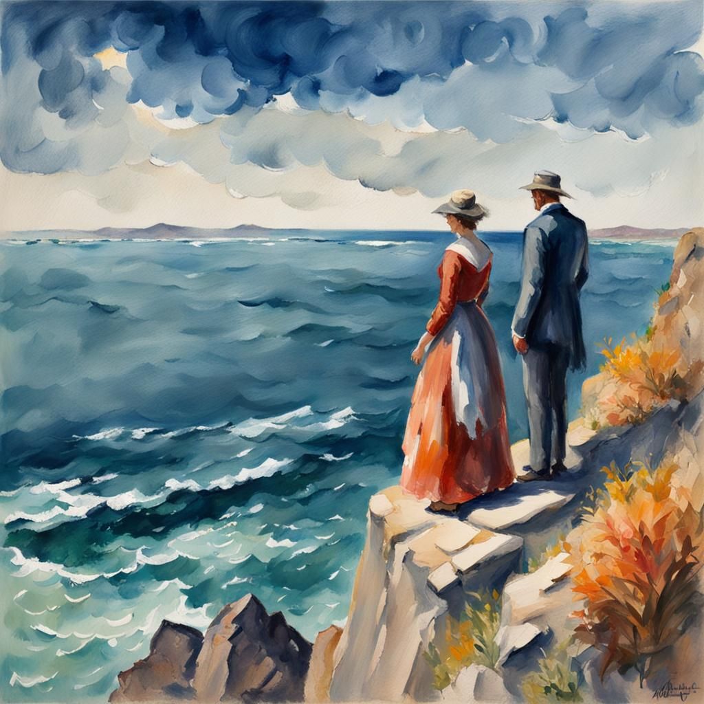 Couple Overlooking Sea in Gouache Watercolor Style