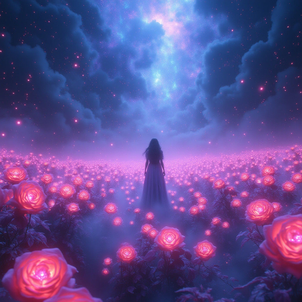 Neon Roses Landscape in Matte Painting Style