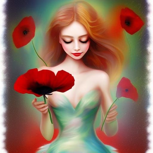 A whimsical and fantastical digital painting of a fairy holding a poppy flower in her hands and blowing its seeds into t...