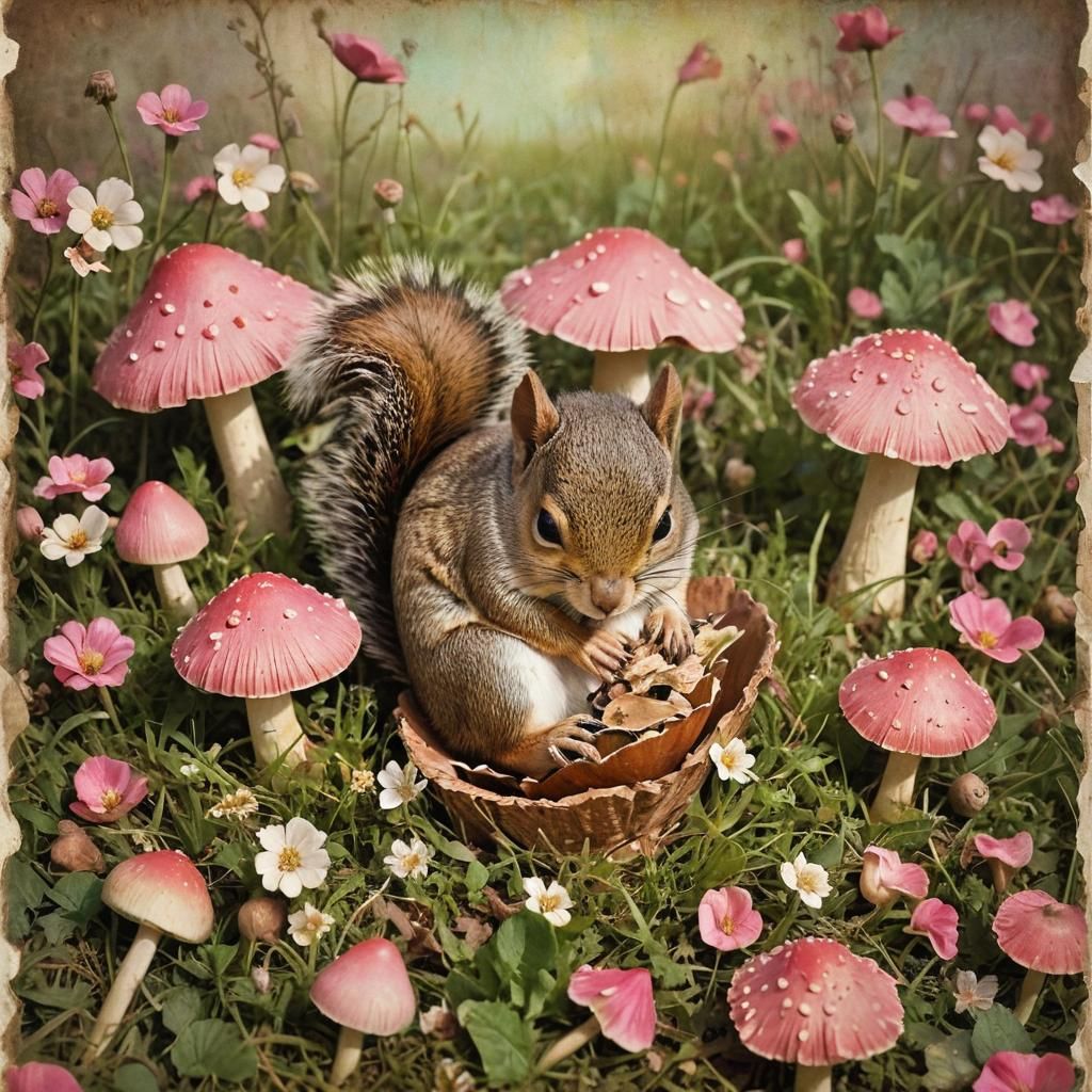 Baby Squirrel Sleeping in Acorn: Vintage Impressionism