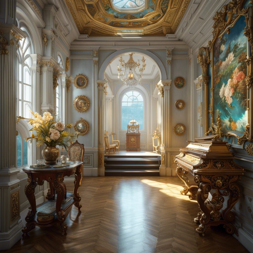 Rococo Steampunk Aquarium Hallway in Hyperdetailed Photoreal...