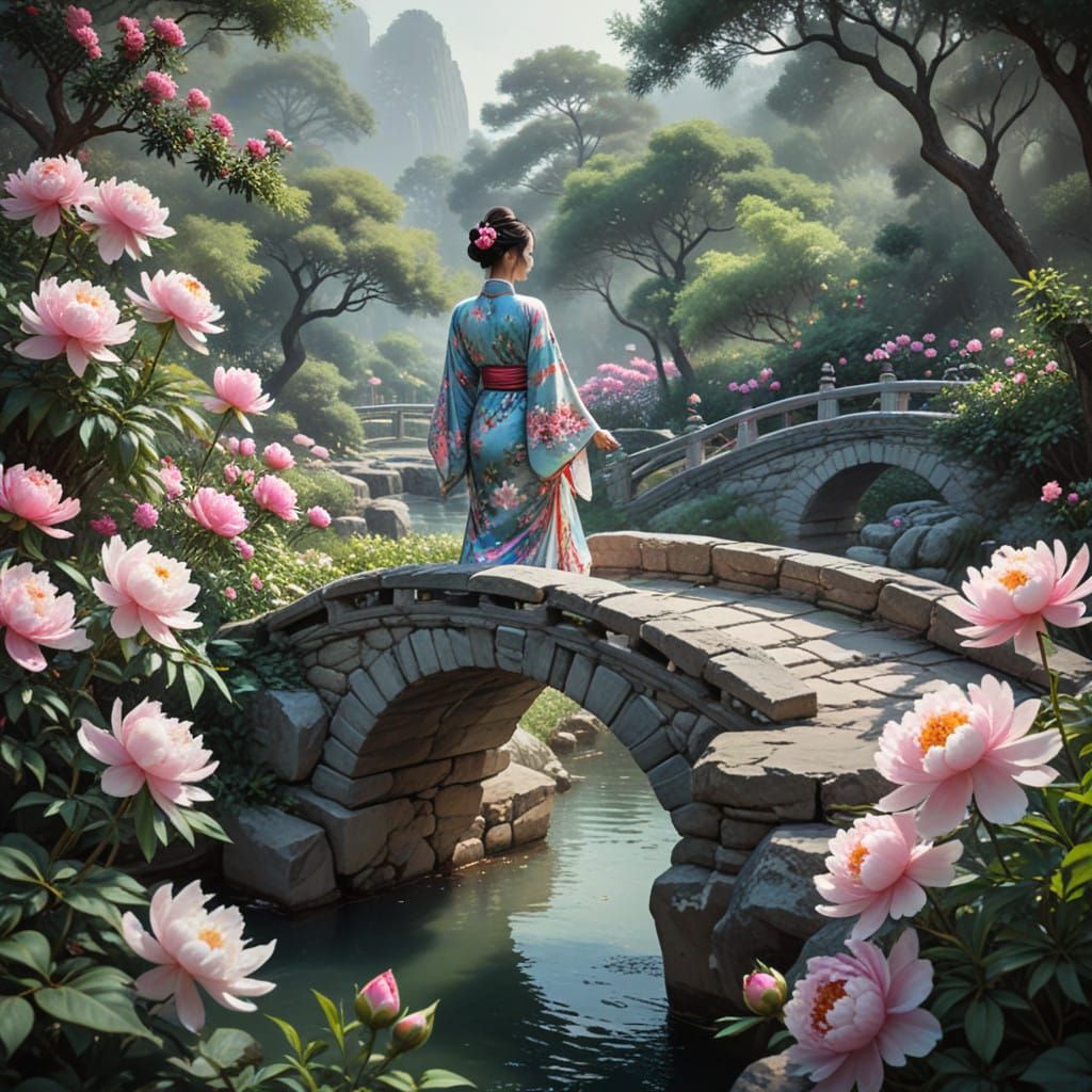 Ancient Chinese Garden in Watercolor Style