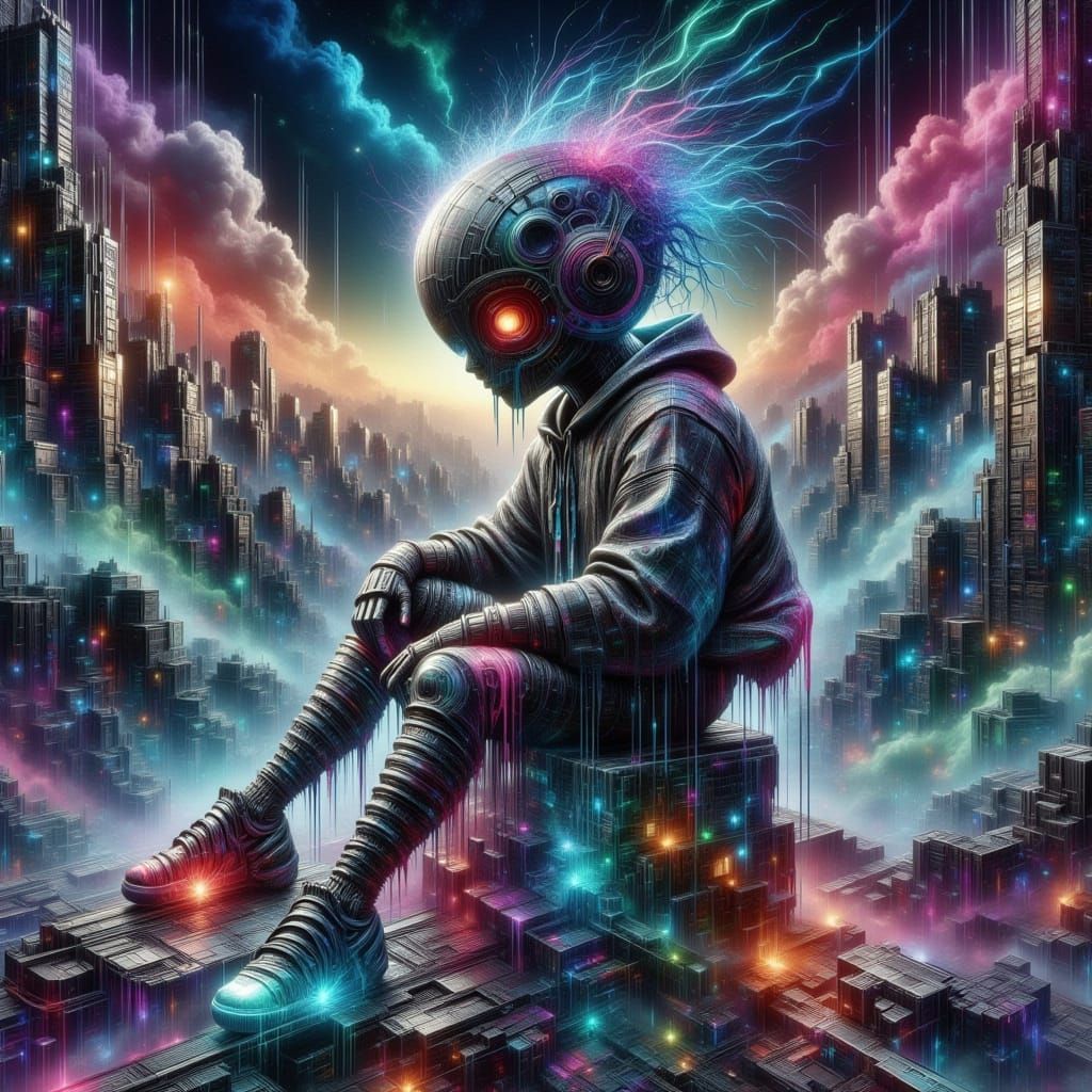 Happy Urbanpunk Robot in Abstract Cityscape