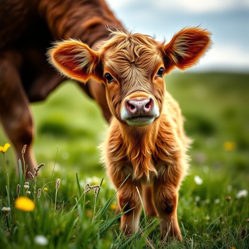 Cute Highland Calf in a Beautiful Meadow with Her Mother