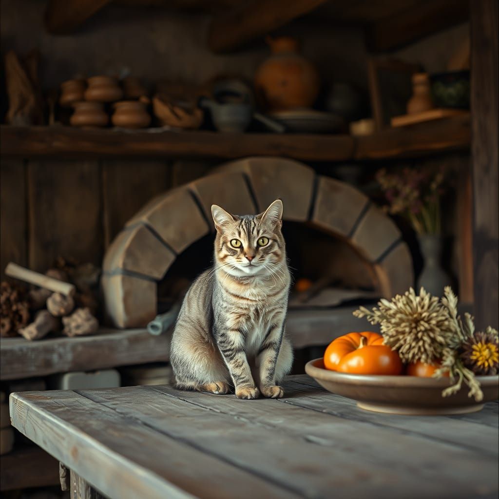 Hyperrealistic Cat in Rustic Kitchen with Moody Lighting