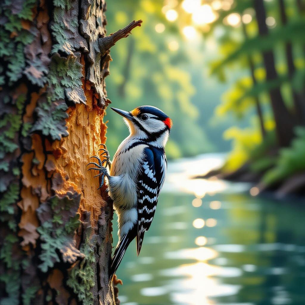 Woodpecker on Tree by River Forest Neo-Impressionist Oil Pai...