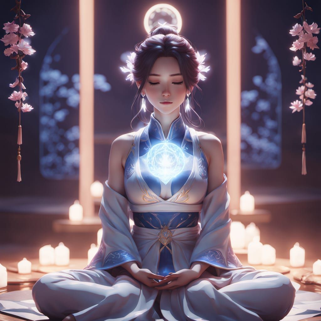 Anime Woman Meditating in Calm Glow
