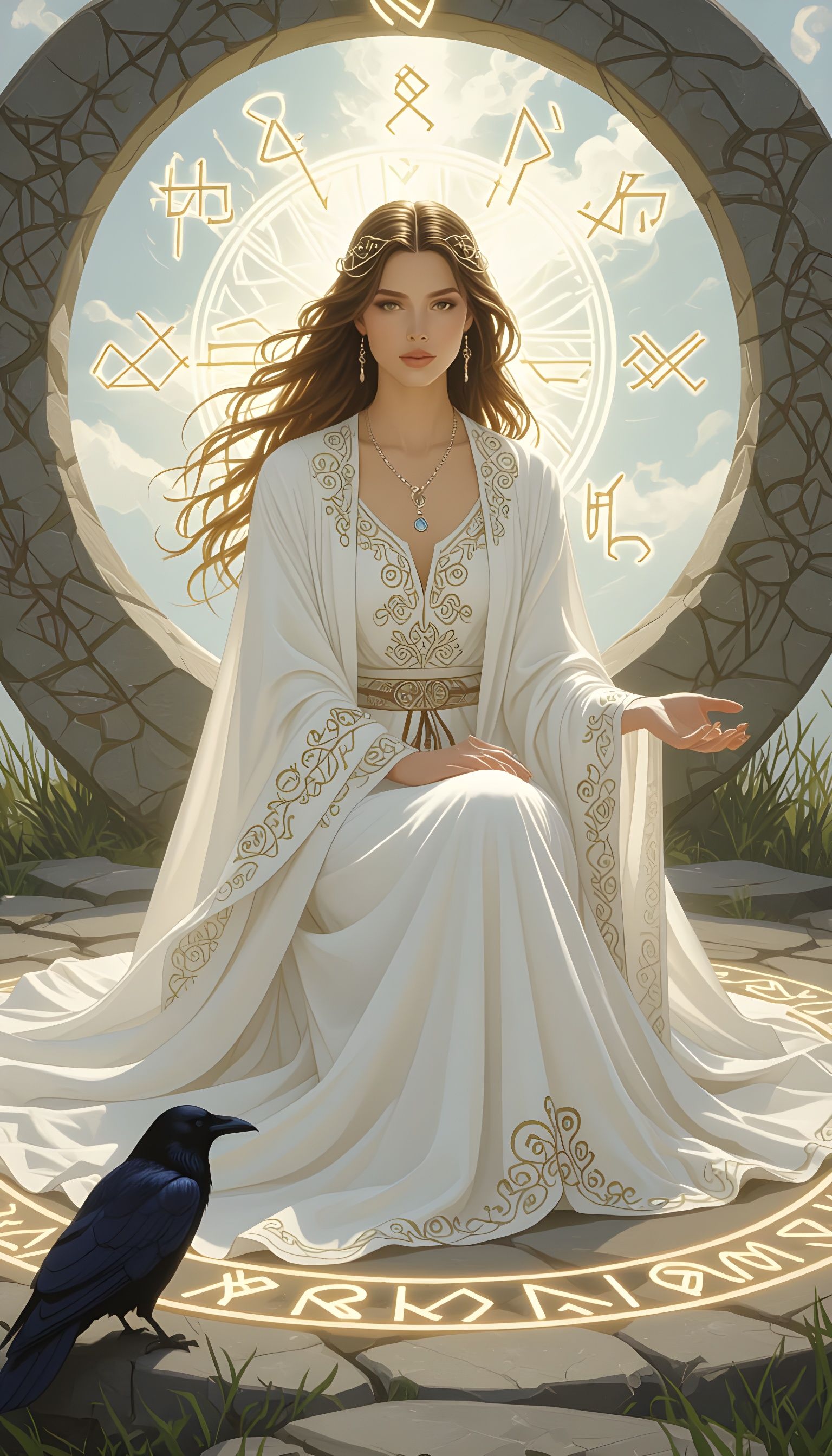 Woman Meditating in Stone Circle with Runes