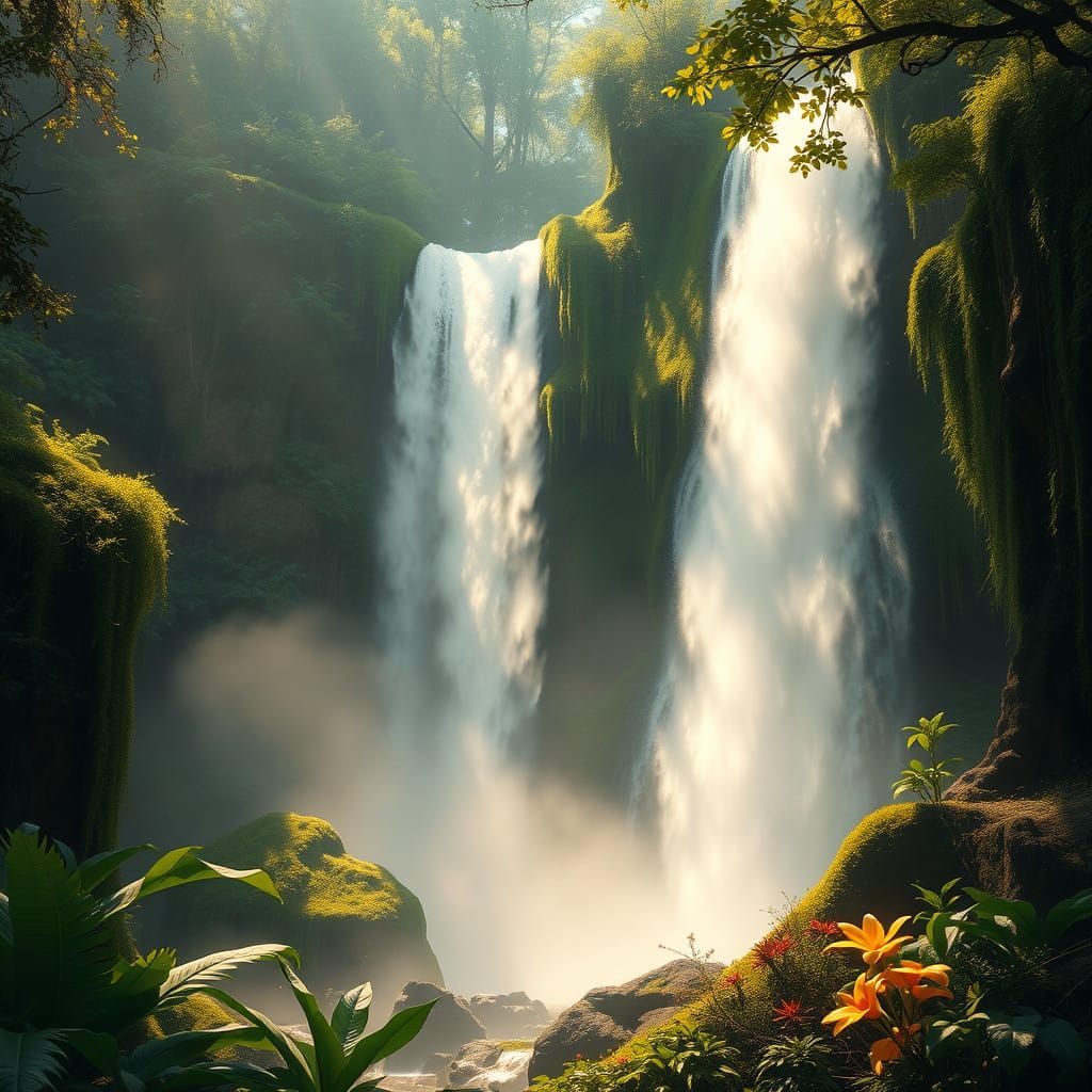 Majestic Waterfall in Vibrant Forest